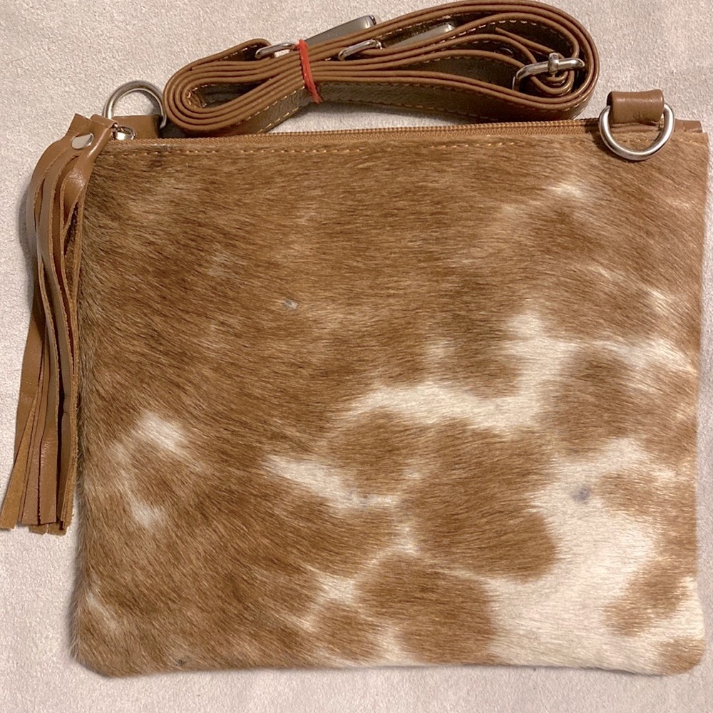 Real Handmade Cowhide Leather Cross Body Purse Handbag Hair On 9”x8”#3724